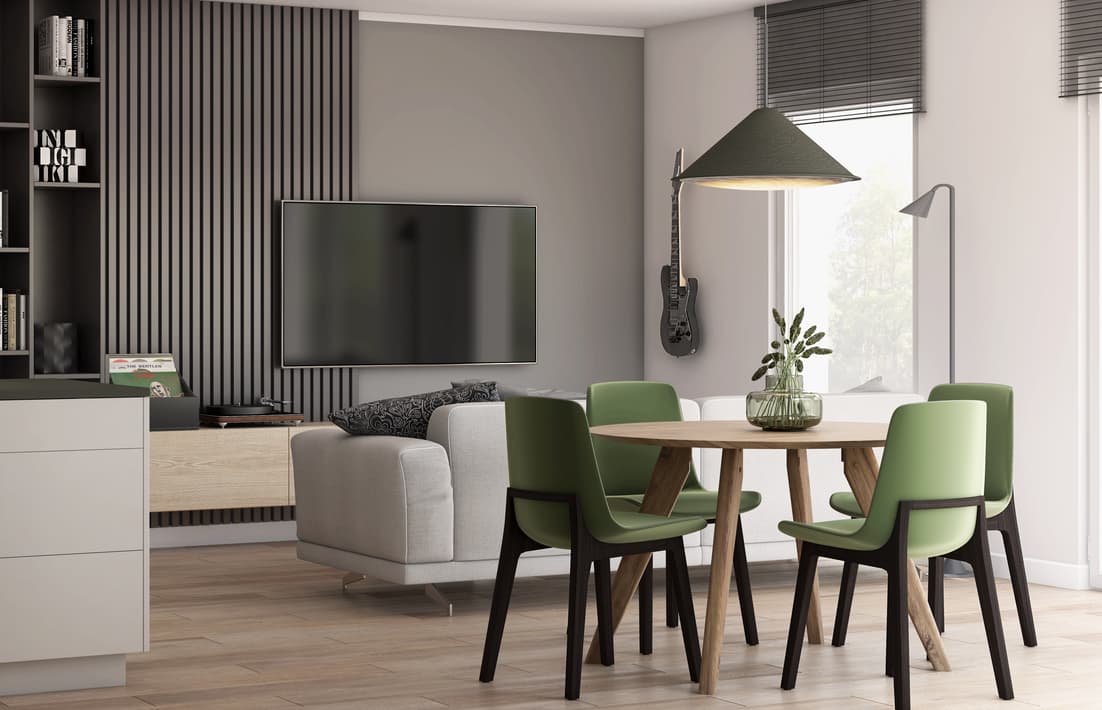 Geräumiges Esszimmer in Grautönen mit modernem Tisch