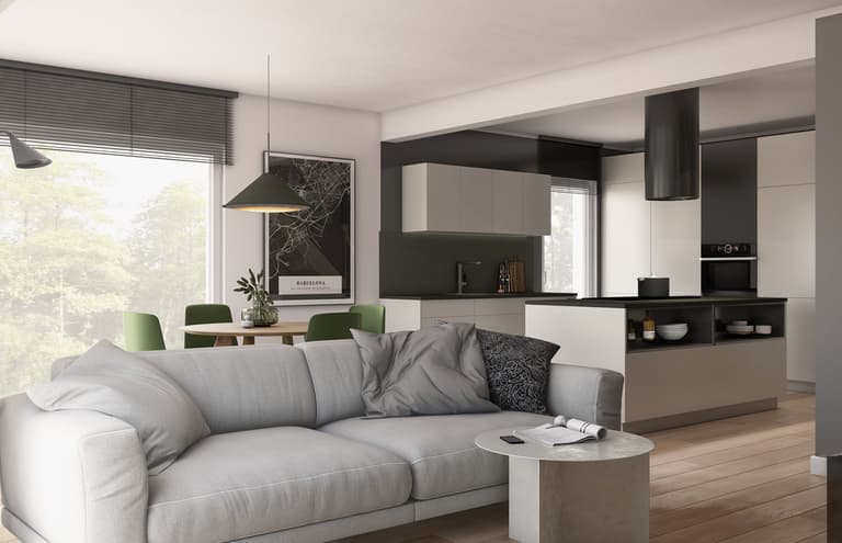 Hellgraues Wohnzimmer mit großem Sofa und weißem Couchtisch