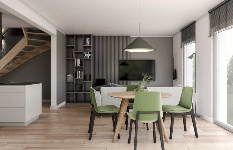 Skandinavisches Wohnzimmer mit grauen Vorhängen und weißen Wänden