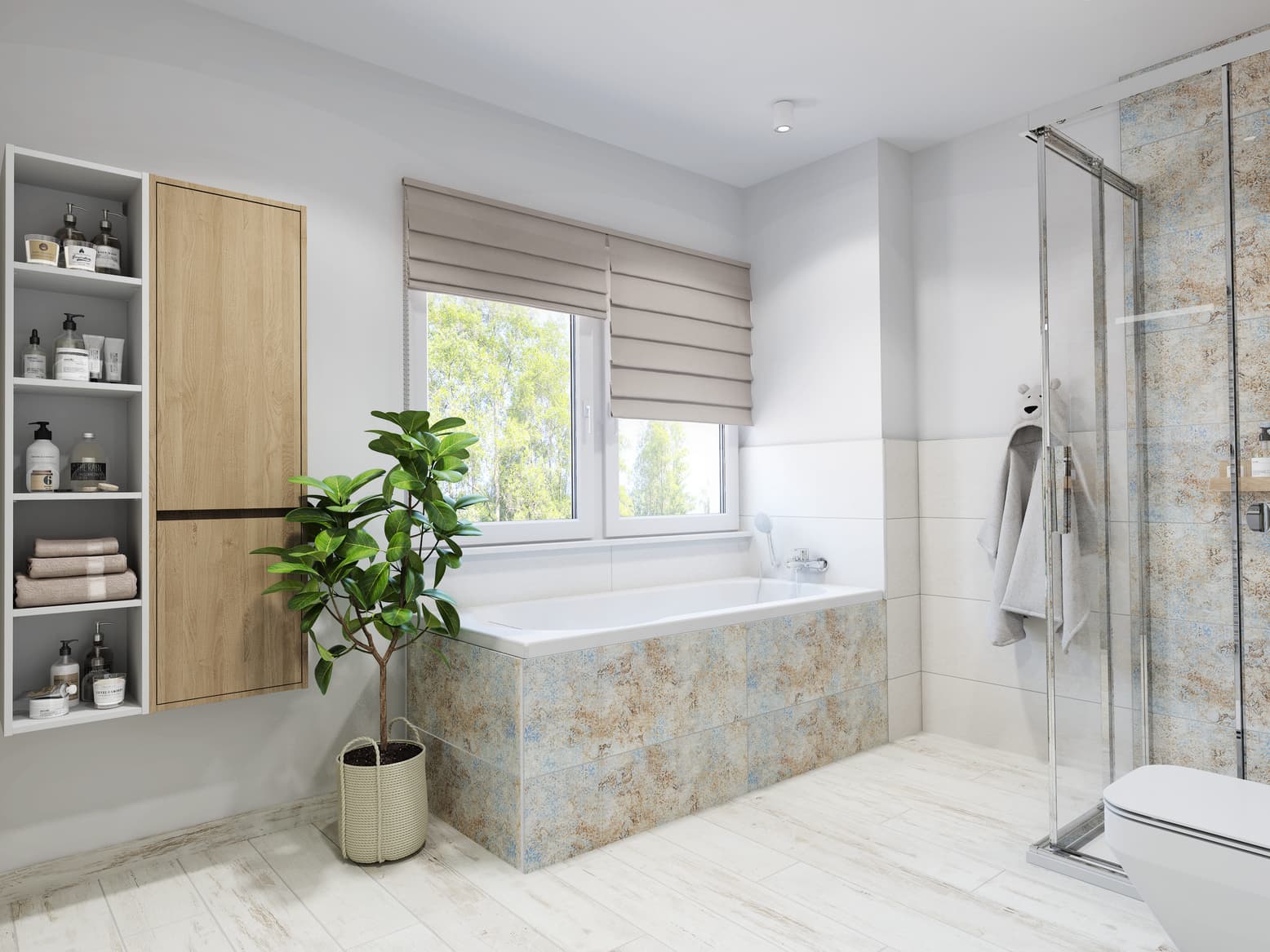 Badezimmer in Farbakzente mit Holzoptik, großzügiger Waschtisch und naturnahe Farbpalette