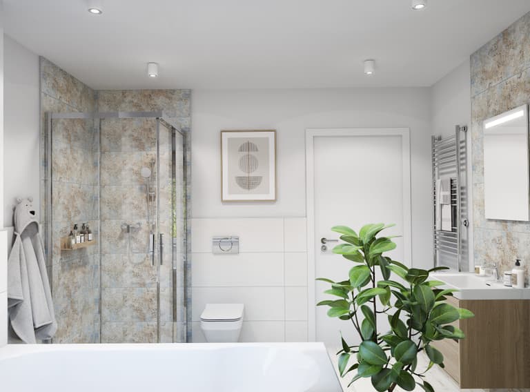 Badezimmer in Farbakzente mit Holzoptik, großzügiger Waschtisch