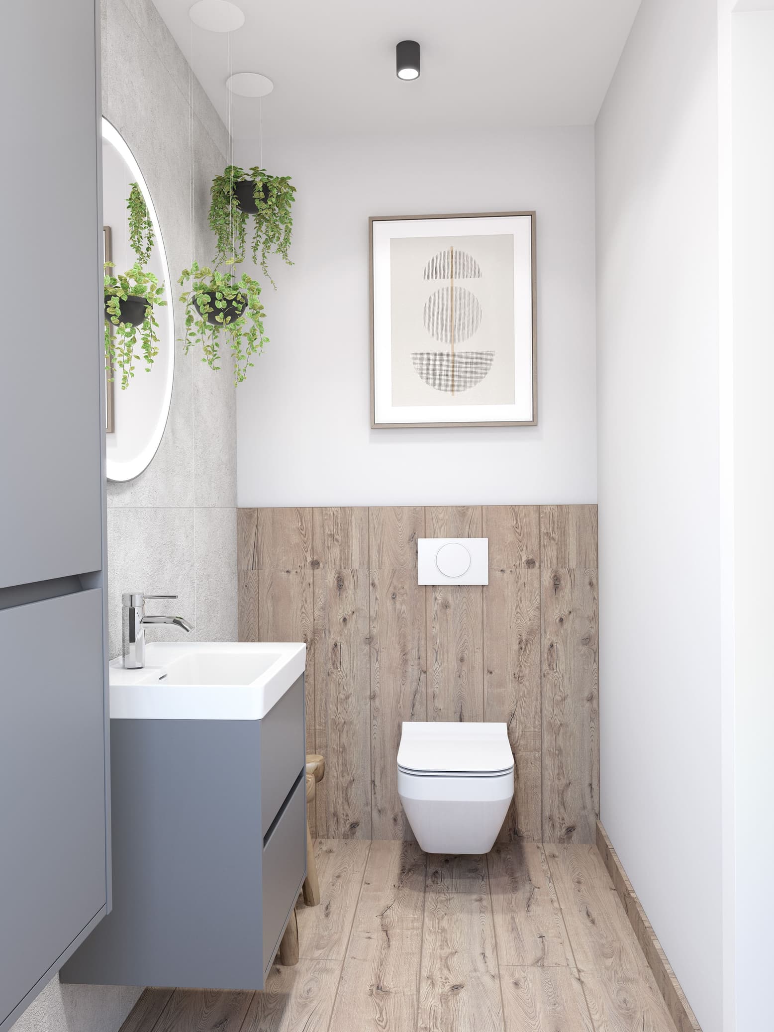 Badezimmer in Weiß & Grau mit Holzoptik