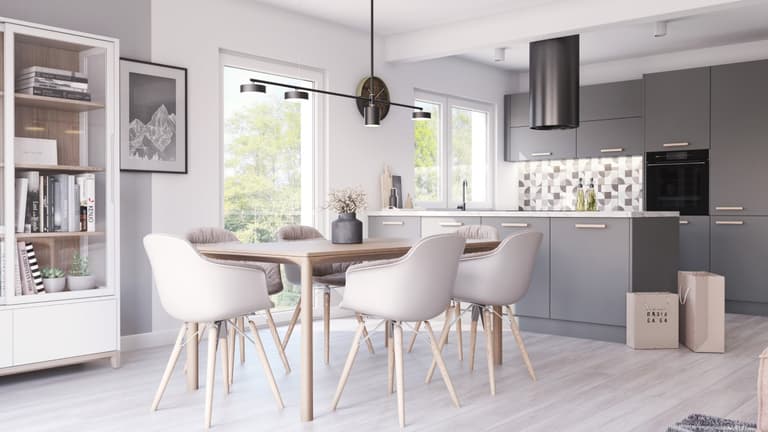 Esszimmer in Grautönen mit geometrischen Dekorationen