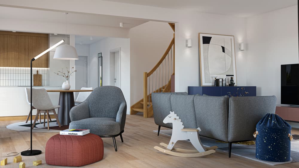 Wohnzimmer in Weiß und Holz